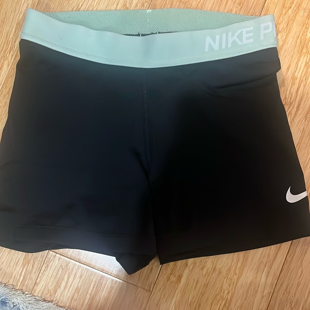 NIKE spandex shorts, Black with green waistband, SMALL